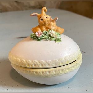Vintage Norcrest China Bisque Bunny Easter Egg Trinket Holder, About 3”